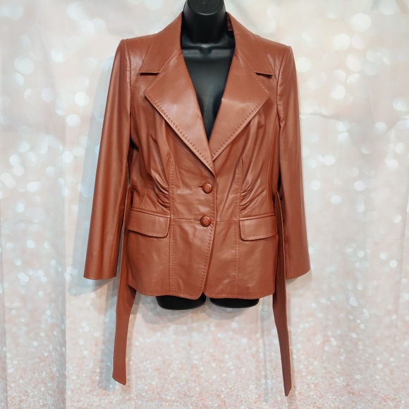 Escada Jackets & Blazers - ESCADA Lambskin Leather Silk Lined Ruched Jacket L